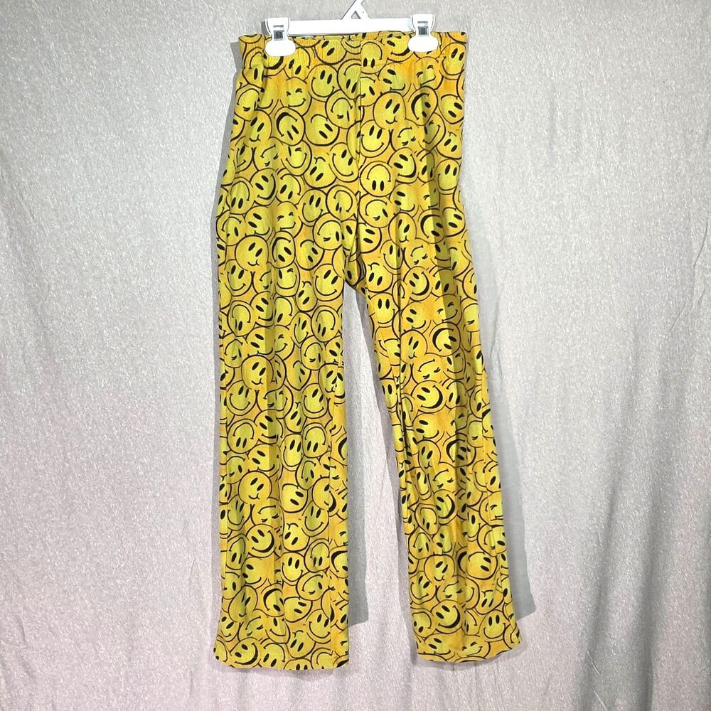 Unbranded Acid Yellow Allover Smiley Face Print Wide Leg Pants in Yellow Small